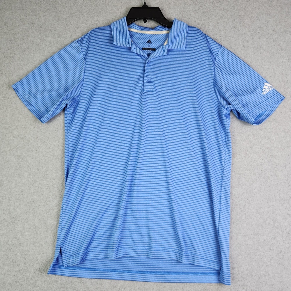 Adidas Polo Shirt Mens Medium Blue Golf Performance Striped Stretch Short Sleeve